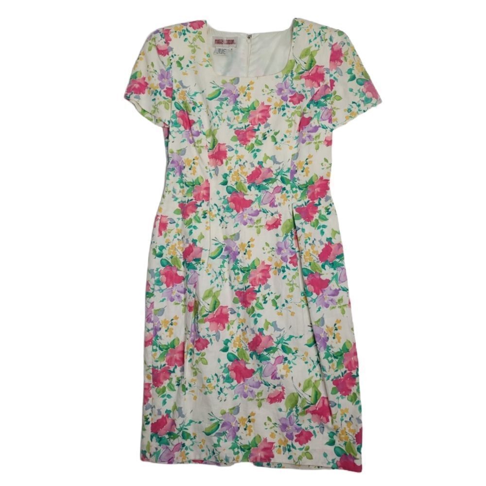 VINTAGE 80s dress‎ Maggy London white linen floral sheath S